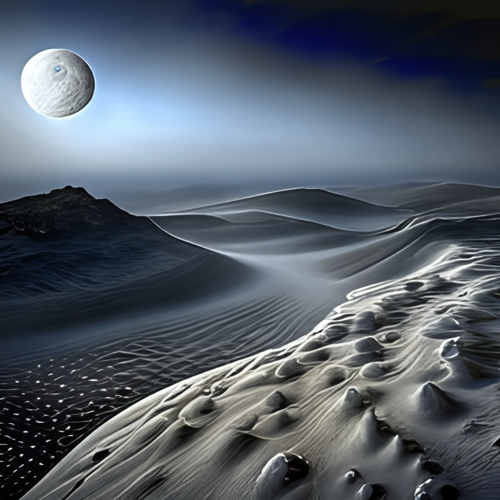 The stark, barren landscape of the moon, with craters and valleys stretching out to the horizon