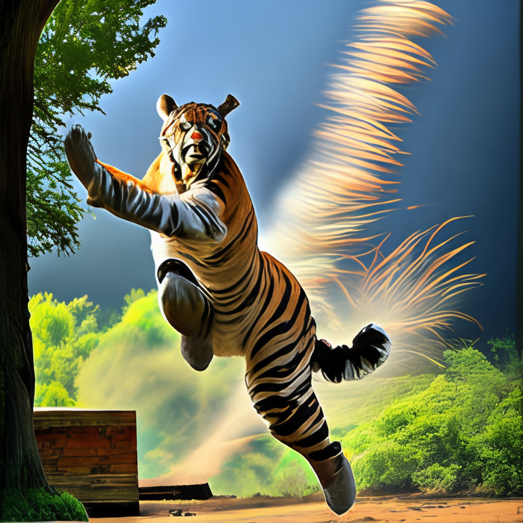 A tiger is leaping and scratching while a group of people are standing nearby, looking at it closely