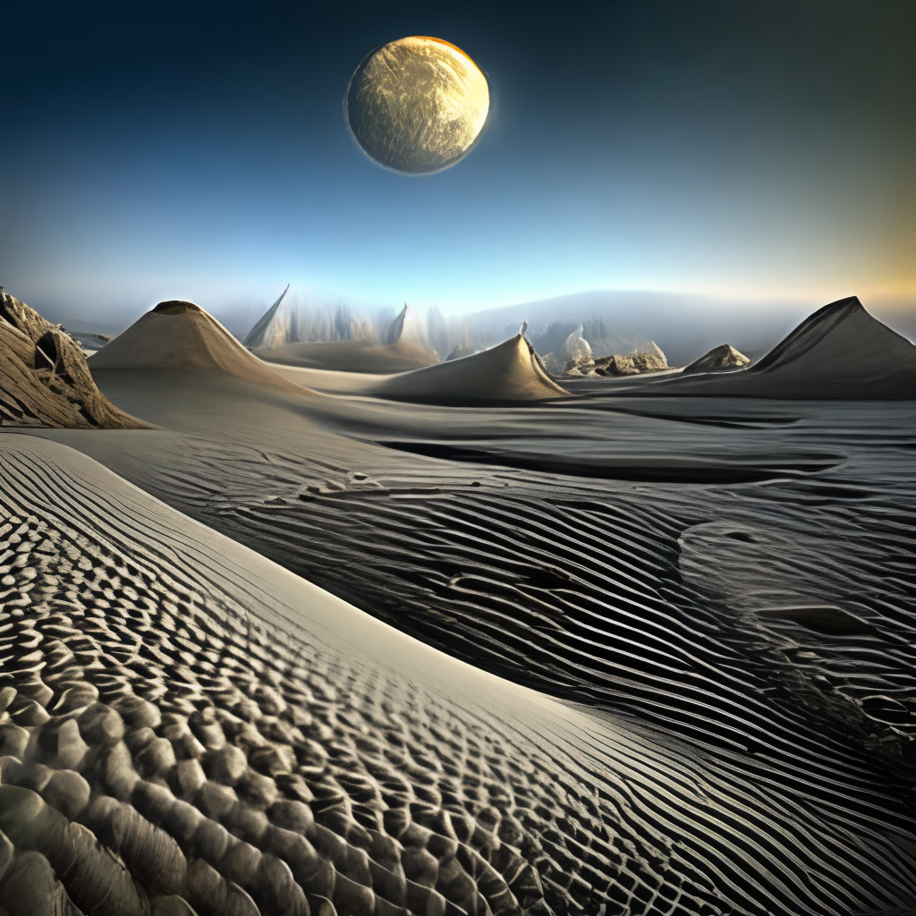 The stark, barren landscape of the moon, with craters and valleys stretching out to the horizon