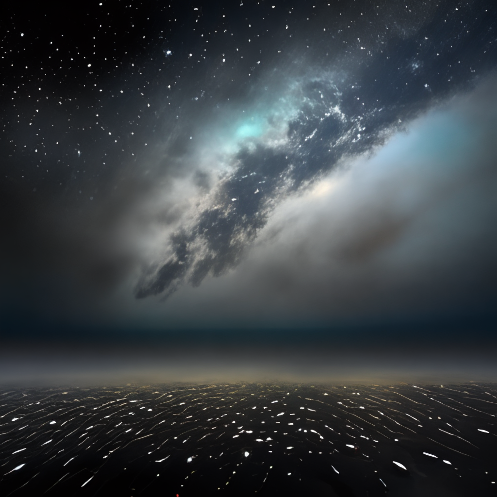 The blackness of space, dotted with stars and the distant glow of the earth