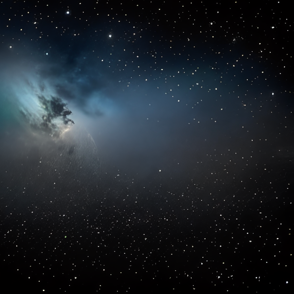 The blackness of space, dotted with stars and the distant glow of the earth