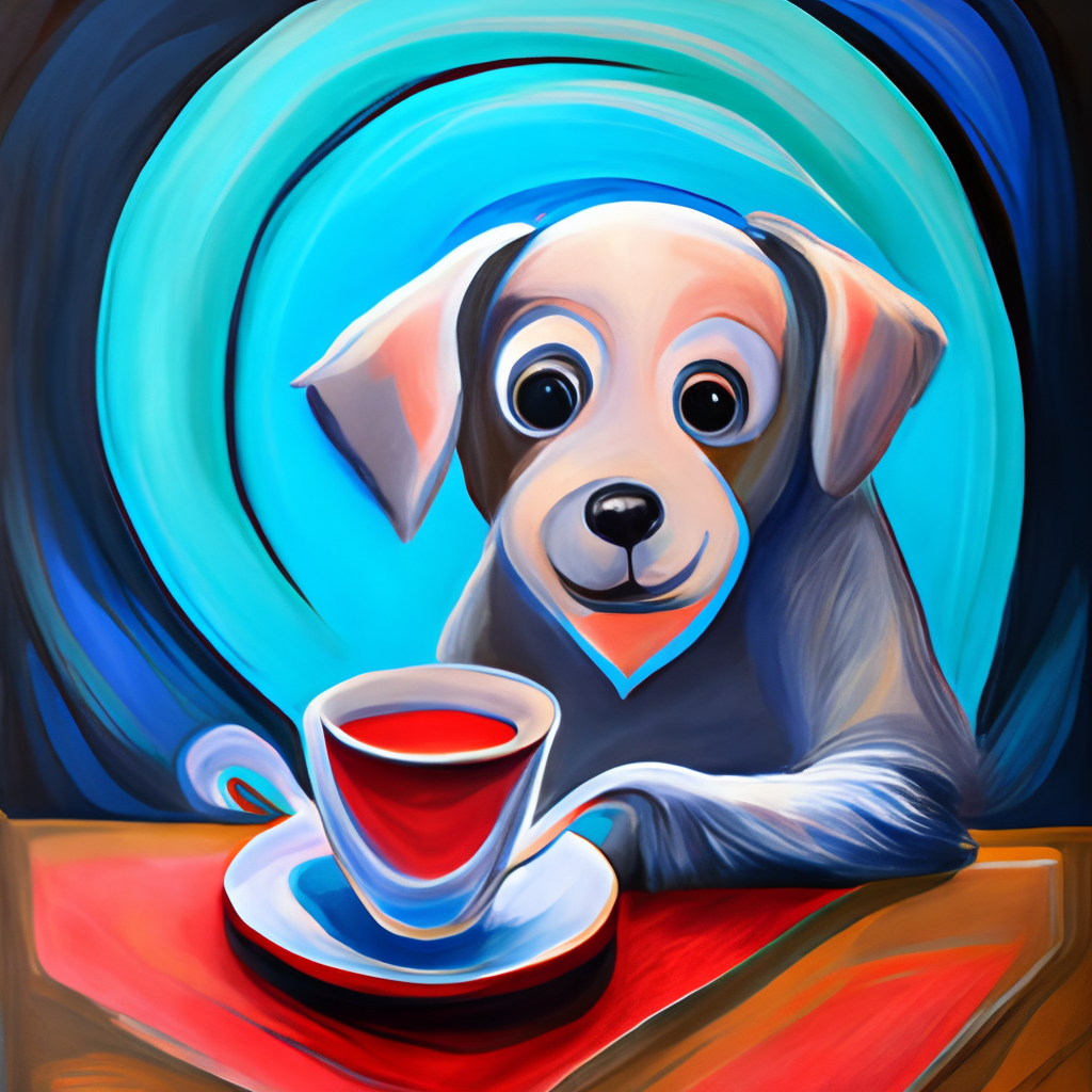 a painting of a puppy drinking a heart shaped latte, acrylic