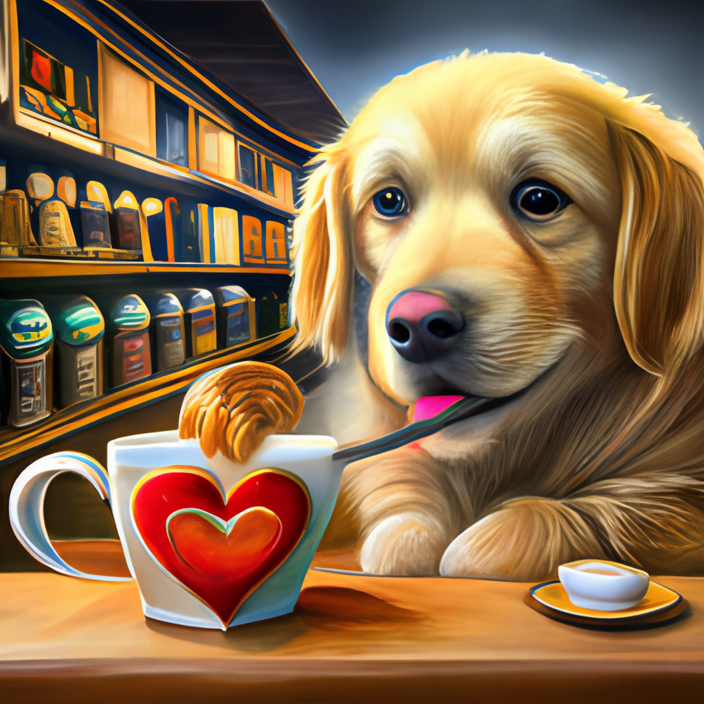 a realistic painting of a golden retriever puppy drinking a heart-shaped latte in a coffee shop