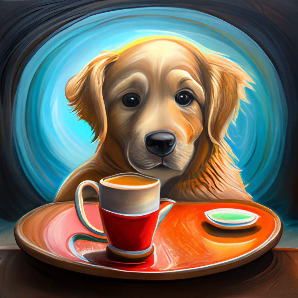 a painting of a golden retriever puppy drinking a latte with heart shaped latte art, acrylic