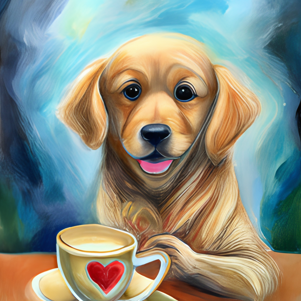 a cute painting of a golden retriever puppy drinking a heart-shaped latte, watercolor