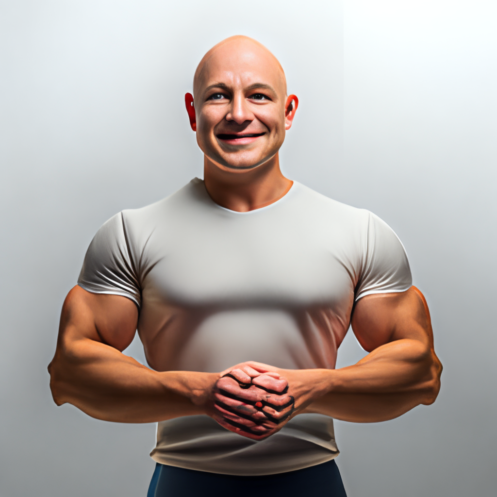 a bald man with a muscular build and a big smile, standing in front of a white background