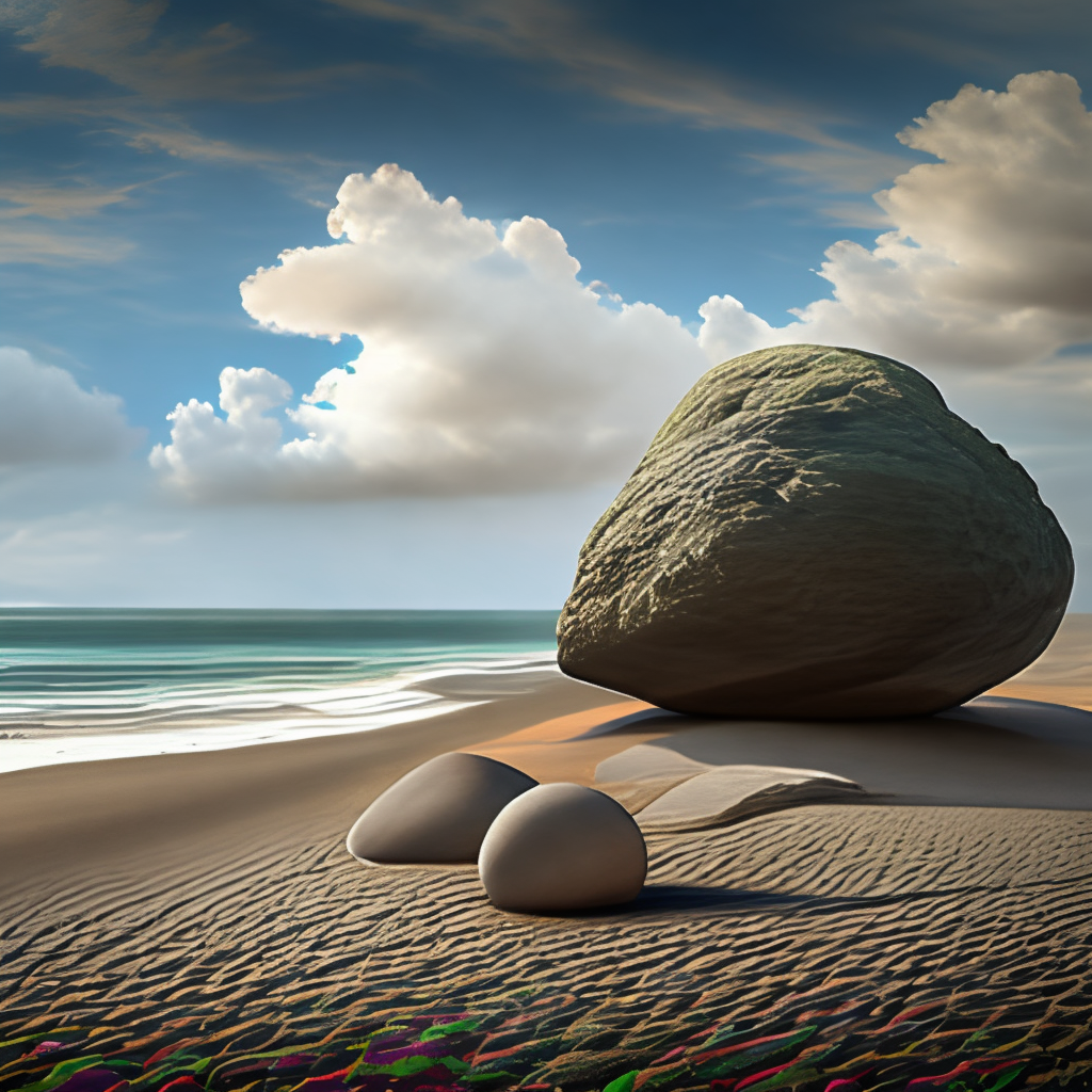 a photorealistic image of a big boulder on a beach, sunny day, 35mm, octane render, 8k