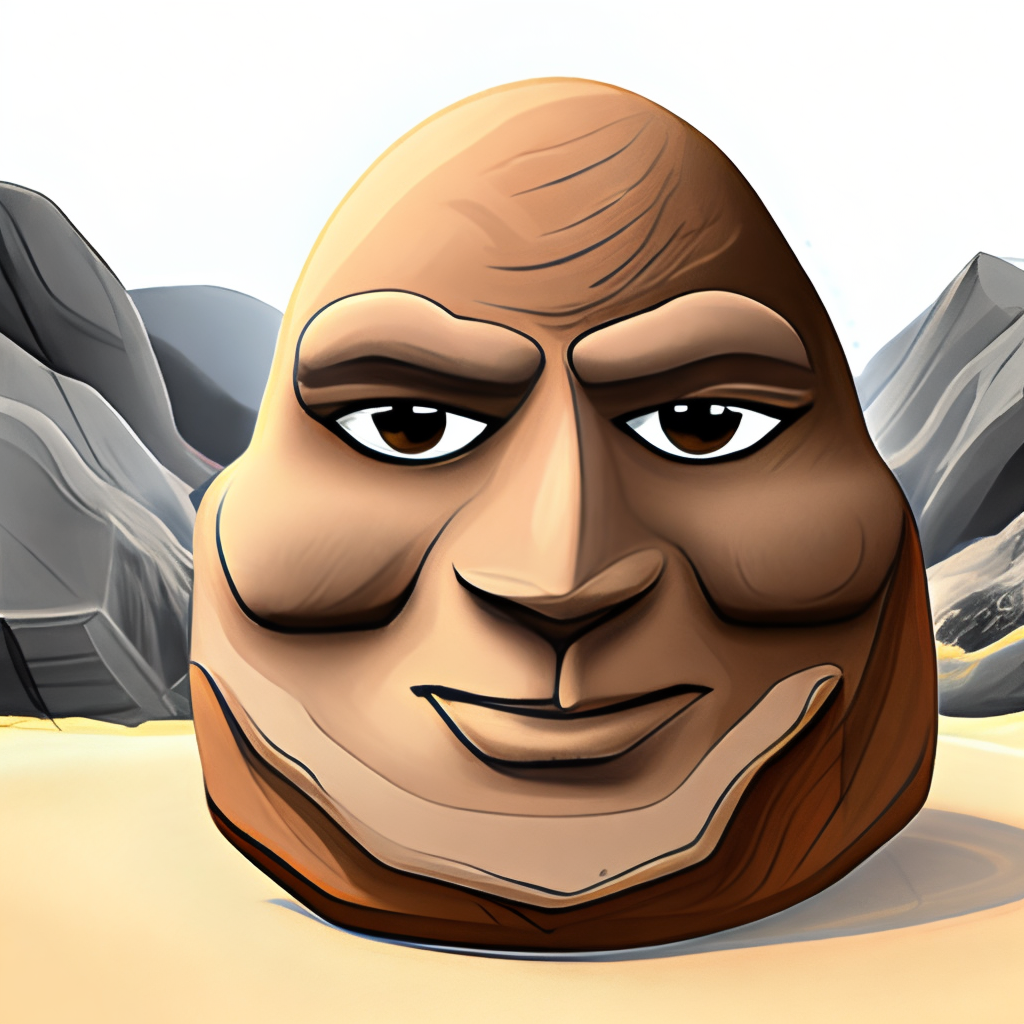 a cartoon image of a rock that looks like Dwayne 'The Rock' Johnson, with a raised eyebrow and a smirk