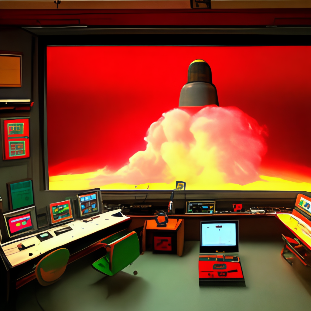 LA IMAGEN MUESTRA LAS ALARMAS DE BOMBA NUCLEAR EN ROJO EN UNA PANTALLA DE UN LABORATORIO,FULL HD,16K,3/4 PORTRAIT,DETALLADO