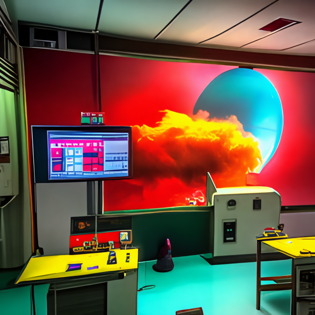 "LA IMAGEN MUESTRA LAS ALARMAS DE BOMBA NUCLEAR EN ROJO EN UNA PANTALLA DE UN LABORATORIO,FULL HD,16K,3/4 PORTRAIT,DETALLADO"