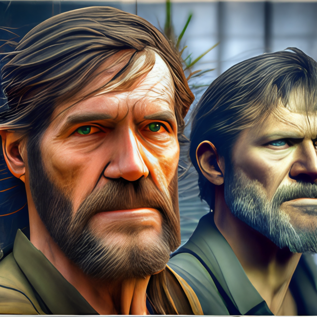 “The survivor's face shows the evolution of time on his face in a post-apocalyptic style, style of the series the last of us, 3/4”