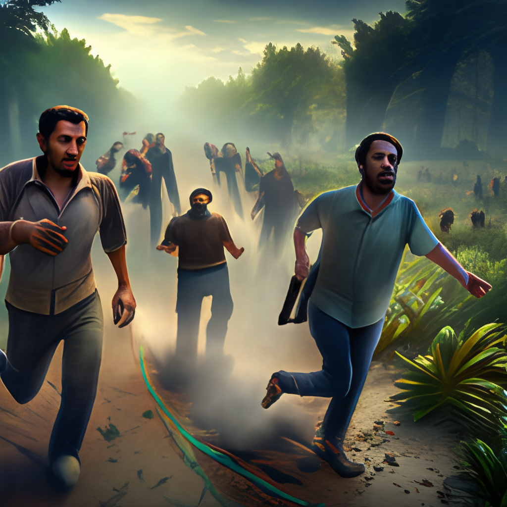 La imagen muestra a un grupo de sobrevivientes corriendo hacia un almacén para protegerse de los zombies,full HD,16k,ultra detallado,estilo de la serie the walking dead y the last of us,3/4 portrait