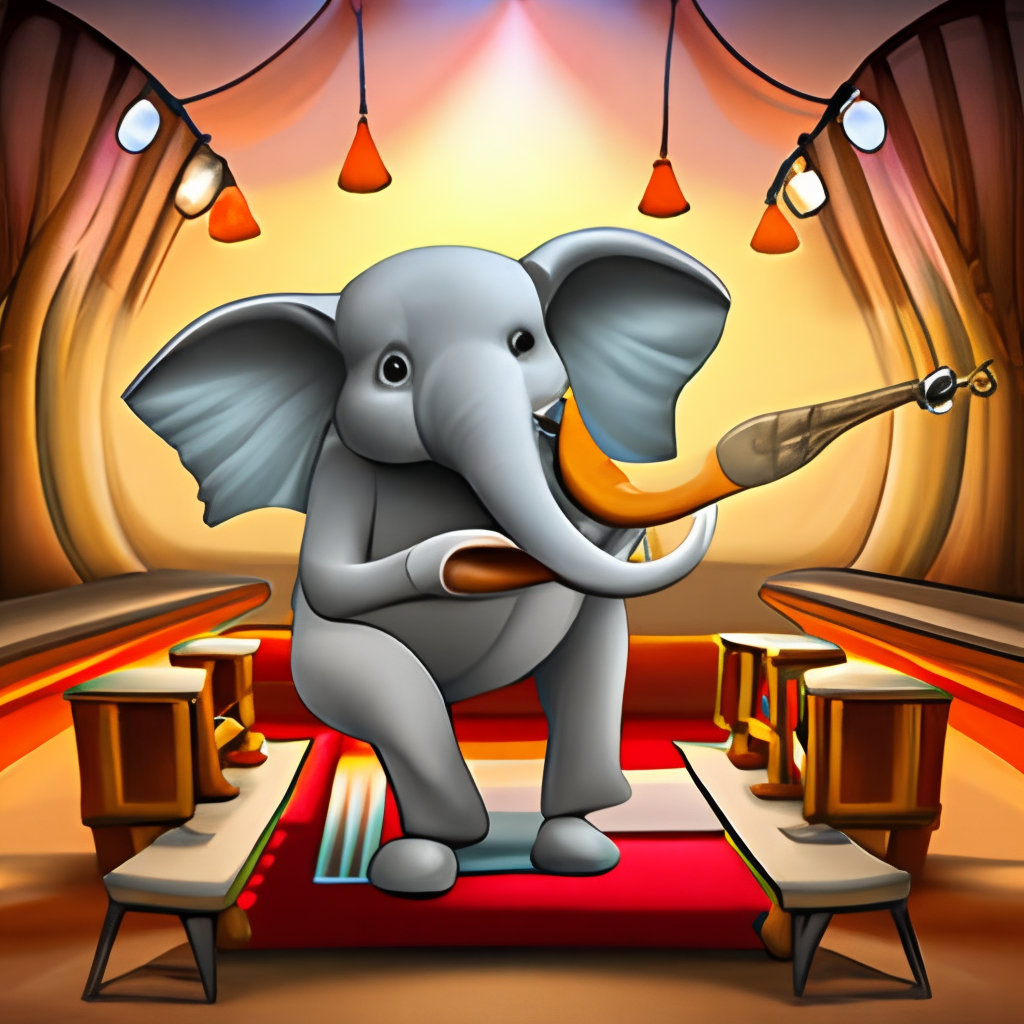 an elephant playing the guitar on stage, cartoon style