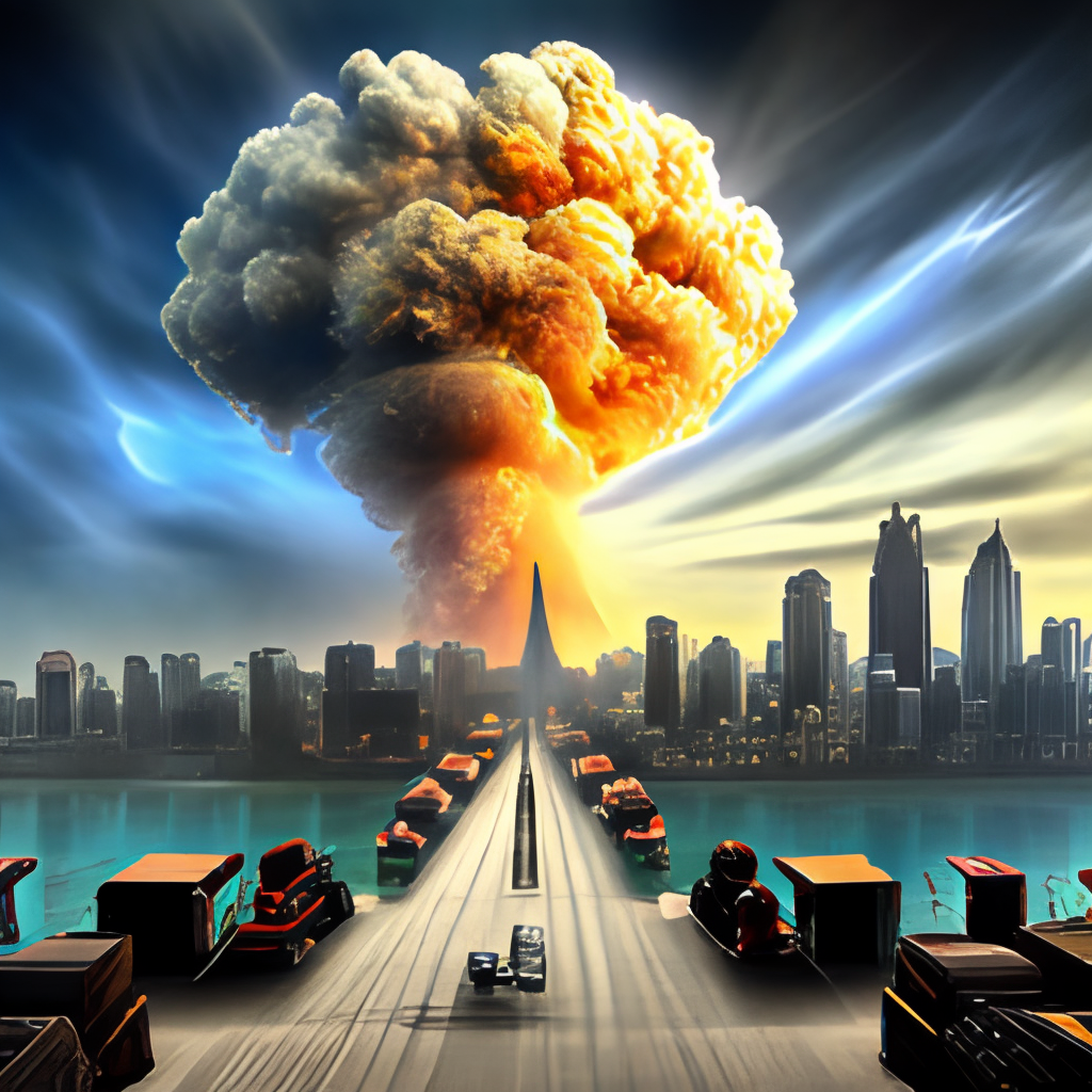 la imagen muestra UNA GRAN EXPLOSION NUCLEAR ARRASANDO CON LA CIUDAD DE NEW YORK,full hd,16k,3/4 portrait,ultra-realista,iluminacion holliwood,hiper-detallada