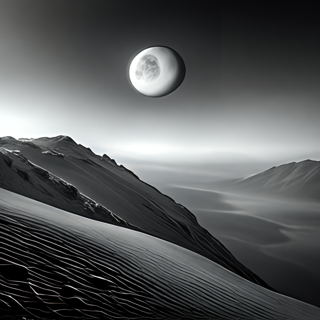 The stark, barren landscape of the moon, with craters and valleys stretching out to the horizon
