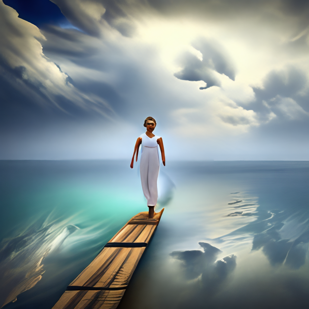 angel walking on surface of ocean