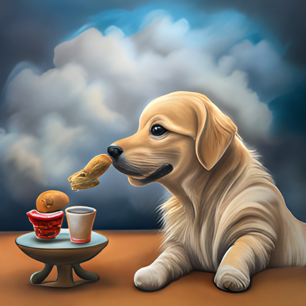 a cute painting of a golden retriever puppy drinking a puppuchino with a kitten, acrylic