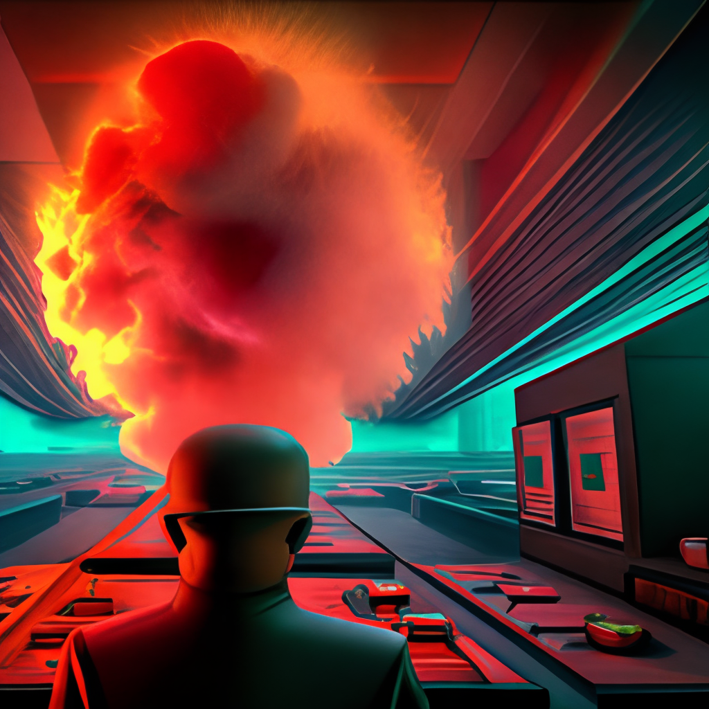 La imagen muestra las alarmas en rojo de una posible explosión nuclear en la pantalla de un laboratorio,full HD,16k,hiper-detallado,3/4 portrait,ultra realista