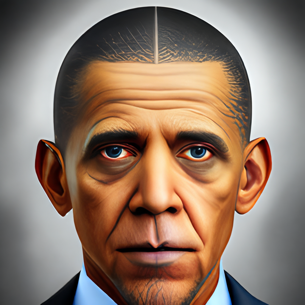 La imagen muestra un el rostro del presidente Barack Obama cambiando a una forma de alienígena reptiliano,full HD,toma en primer plano,3/4 portrait,16k,alta resolución y pixelacion,imagen realista y hiper-detallada