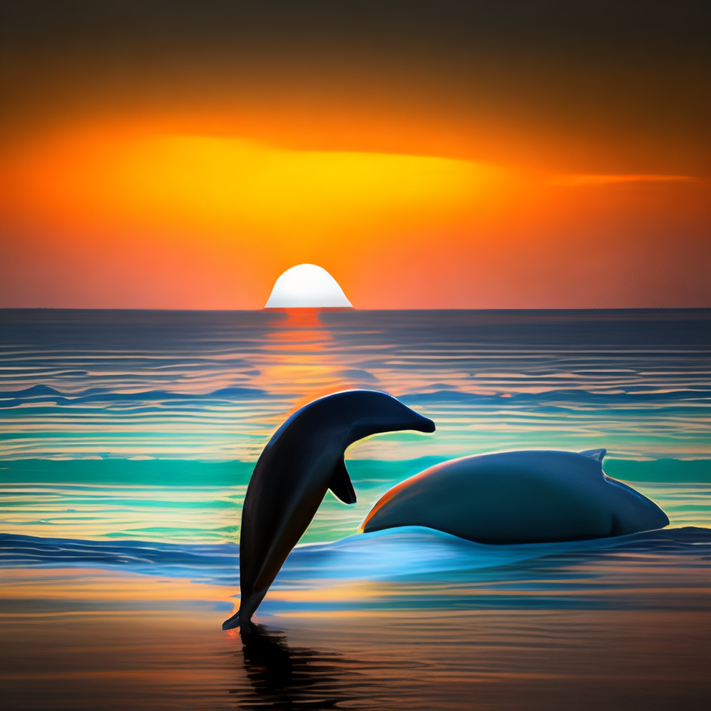 human with dolphin-like features under setting sun