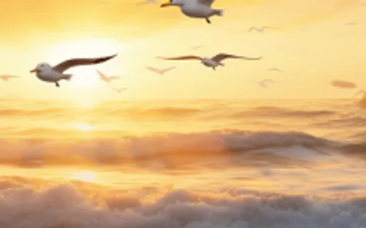 a flock of pelicans flying over the ocean at sunset