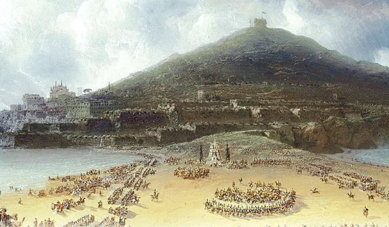 a painting of a large group of people on a beach