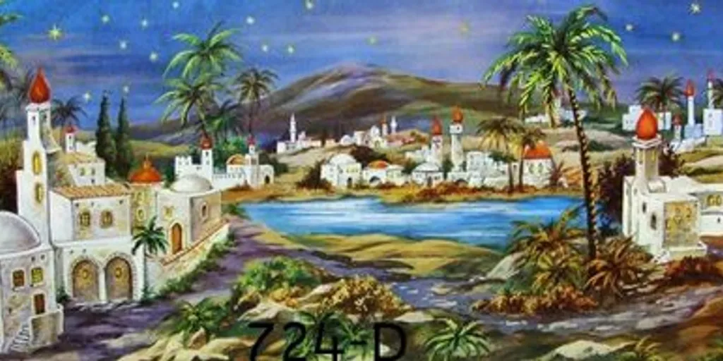 a painting of BETHLEHEM city with palm trees WITH RAINBOW VIBRANT SKY