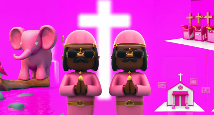 a couple of small figurines standing in front of a cross. light, purple, pink, violet, magenta, eyewear, red, font, games, fictional character