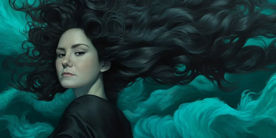 a painting of a woman with her hair blowing in the wind