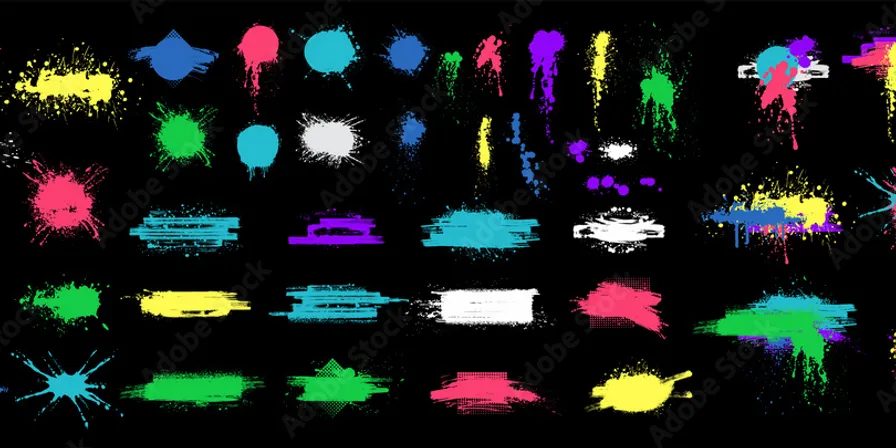 a collection of different colored paint splatters. purple, font, rectangle, magenta, pattern, technology, electric blue, graphics, event, art