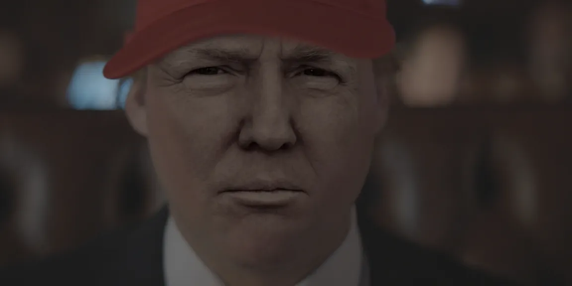 trump wearing a red hat and a suit small motion