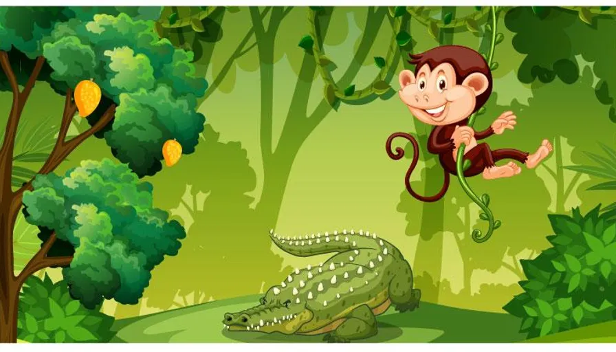 a monkey and a crocodile in the jungle