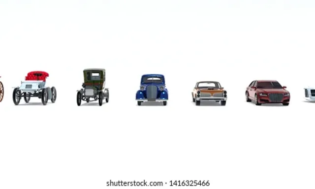 a row of different types of cars on a white background