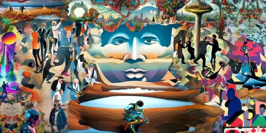 a painting of a man standing in front of a large group of people