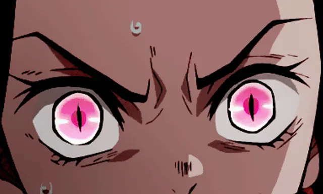 a close up of a person with pink eyes, Angelic changing colors, Bright, highly detailed, Japanese anime style, Piercing eyes, pink.