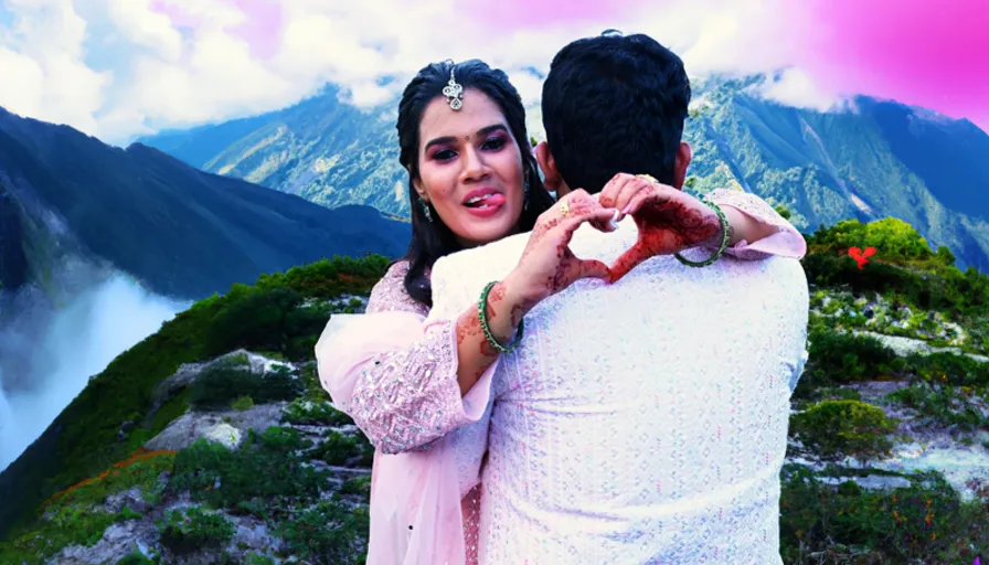 a man and a woman standing on top of a mountain romantic love marriage