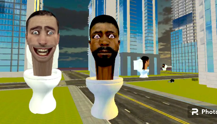 a couple of cartoon heads on top of a toilet