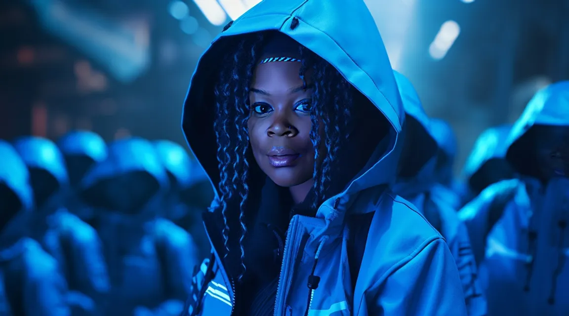 a woman in a blue hoodie standing in front of a group of people, 32k