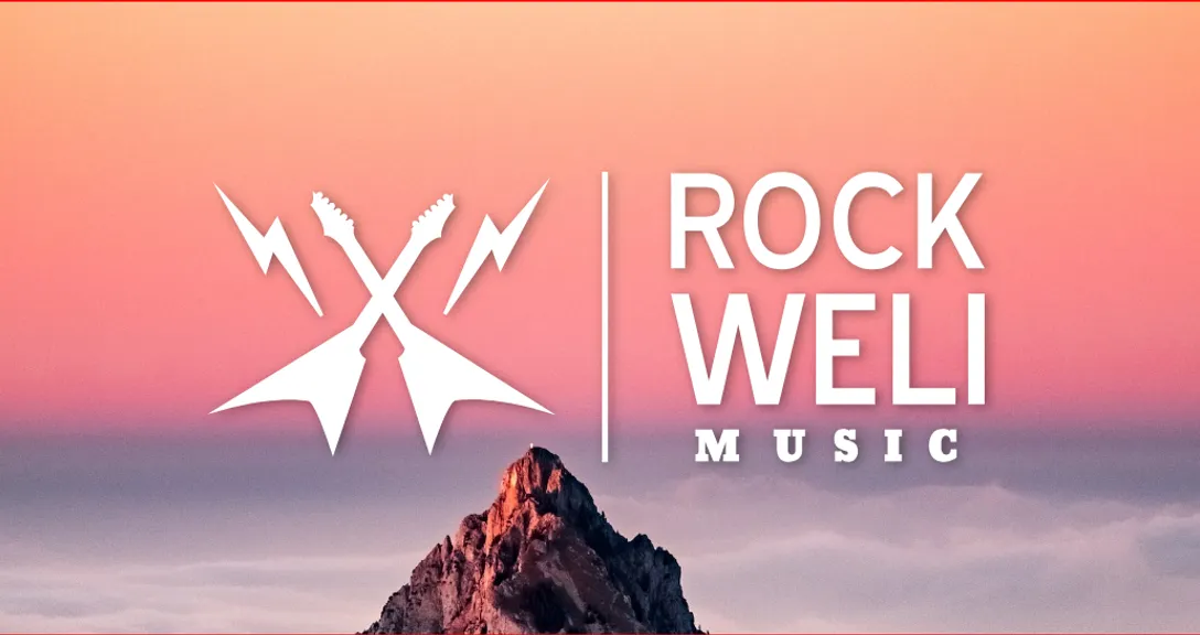 a mountain with the words rock weli music on it