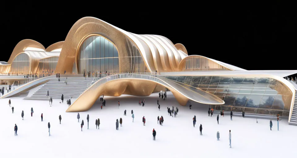 Change to the parametric museum with lines on the facade. Reflection of the building on the ground