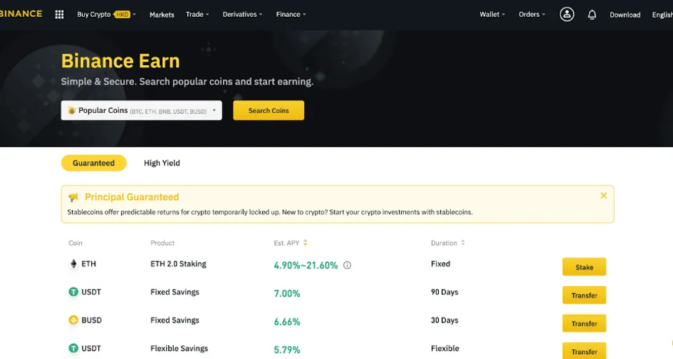 a screen shot of the binancee earn page