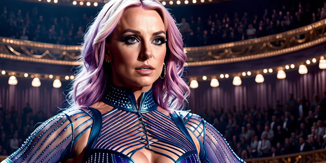 Highly detailed and ultra realistic Britney Spears in The Greatest showman movie sequel, movie still, impressive pastel purple straight hair, intricate and detailed metallic blue short bodysuit with grid pattern, 8k octane render, intricate and detailed, atmospheric cinematic lighting, highest quality possible, masterpiece, impressive realistic brown Smokey eyes,