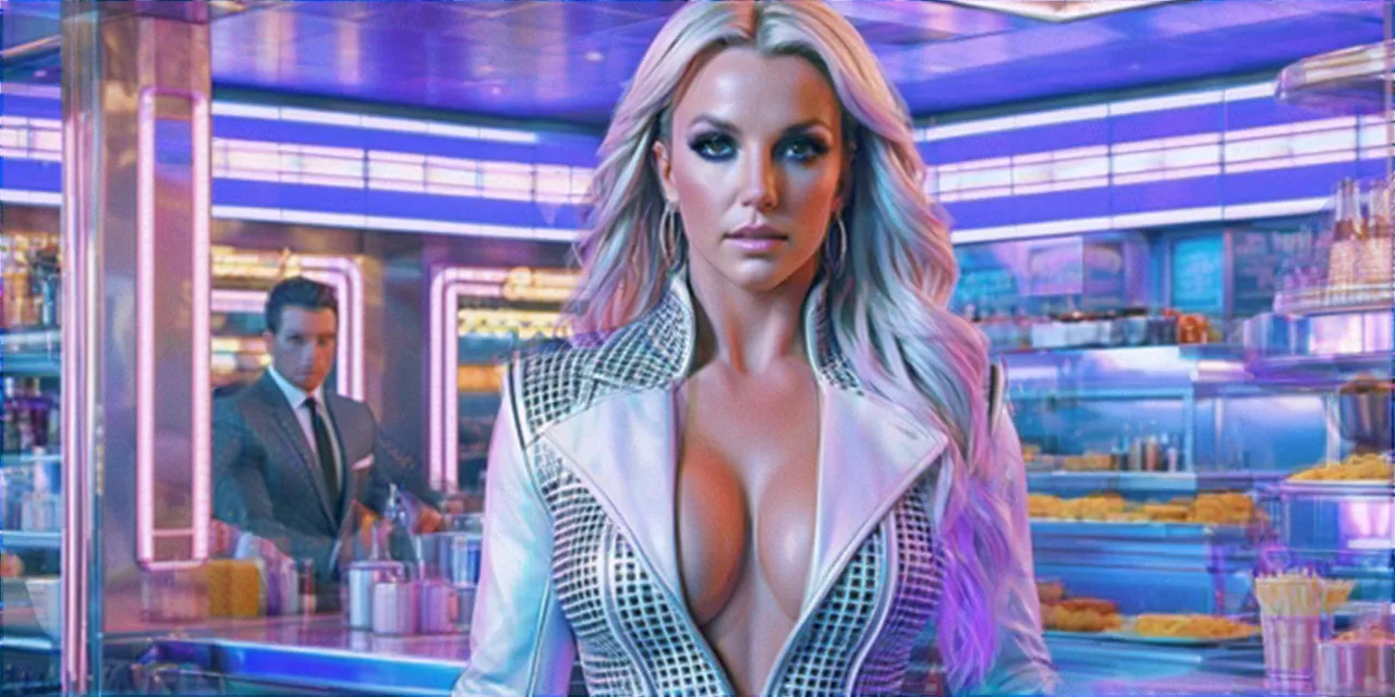 Highly detailed and ultra realistic Britney Spears in tom’s diner, perfect symmetrical and ultra-detailed face and pretty bright brown reflective Smokey eyes, ultra detailed impressive pastel purple straight hair, a short black bodysuit with a grid pattern and a long open white leather coat with long white leather knee-boots, 8k octane render, intricate and detailed environment, cinematic, theatrical, high quality, masterpiece, 