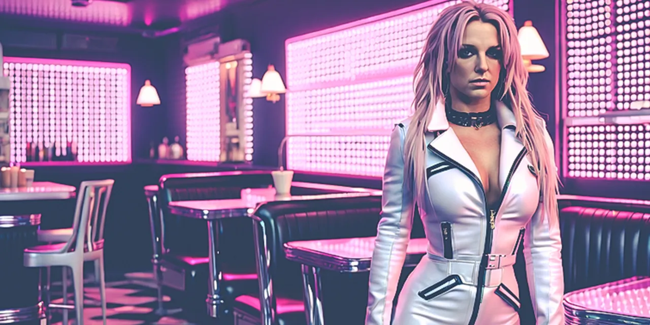 Highly detailed and ultra realistic Britney Spears inside tom’s diner, perfect symmetrical and ultra-detailed face and beautiful brown Smokey eyes, intricate and detailed impressive pastel purple straight hair, metallic and black short bodysuit with grid pattern and a long open white leather coat with long white leather knee-boots, 8k octane render, intricate and detailed environment, cinematic lighting, UHD ultra high quality, masterpiece,