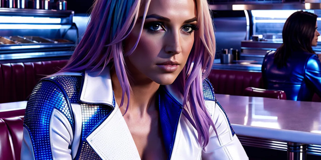 “Highly detailed and ultra realistic Britney Spears in tom’s diner, perfect symmetrical and detailed face and bright brown Smokey eyes, impressive dark pastel purple straight hair, intricate and detailed metallic blue short bodysuit with grid pattern, long open white leather coat, 8k octane render, intricate and detailed, atmospheric cinematic lighting, highest quality possible, masterpiece, iconic,”