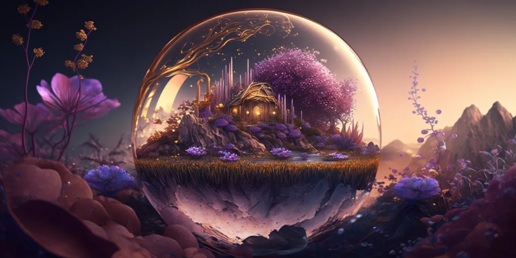 a fantasy surrealistic city made of gold and lavendar:: an abundance of vegetation made up of moss and flowers:: gold and purple color scheme, many shades of purple:: crisp focus, DLSR, hyperreal, unreal engine 5 render