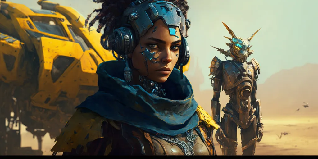 concept art:: warriors from a futuristic civilization:: blue and yellow color theme:: crisp focus, DLSR, hyperreal, unreal engine 5 render