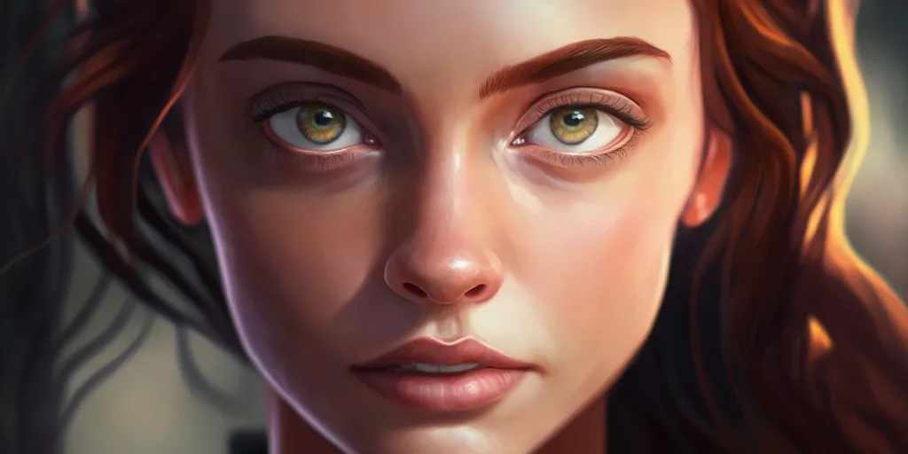 a digital painting of a woman with green eyes. forehead, nose, cheek, skin, lip, chin, hairstyle, eyebrow, mouth, eyelash, crisp focus, DLSR, 4k, hd, hyperreal, unreal engine 5 render