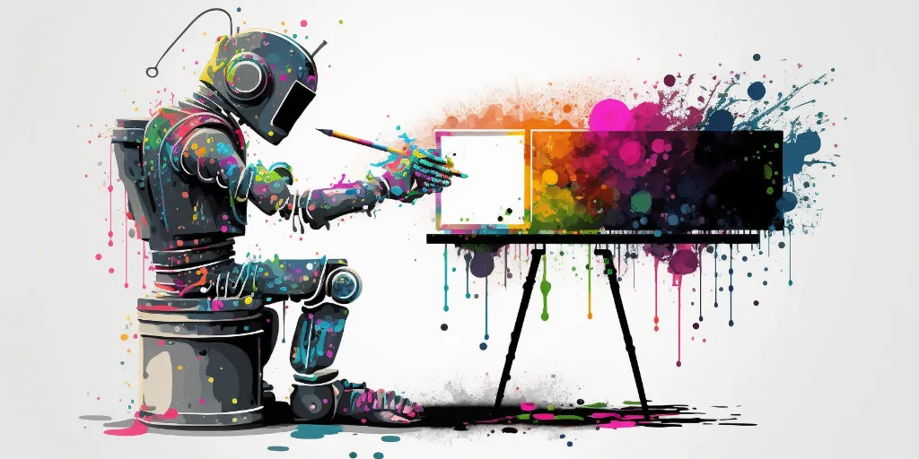 a robot painting a picture on a easel