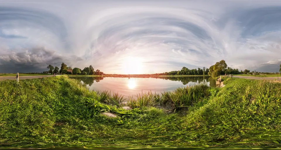 Pretty image of a lake surrounded by a green field - with a tree on the LEFT side!. Add a tree to the left of the equirectangular image